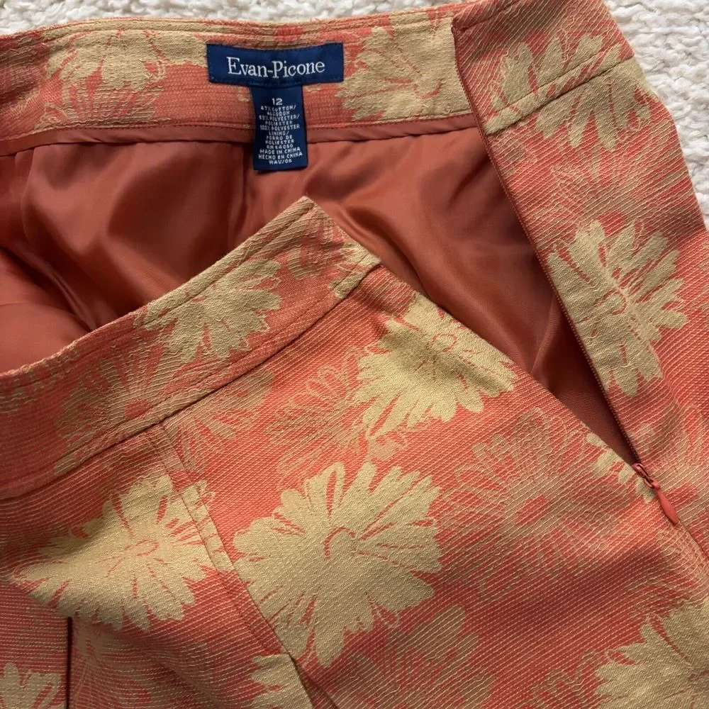 Evan Picone Cotton Pleated Skirt‎ Womens 12 Orange Gold Tiger Lily Flower Girly